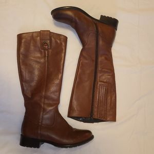 Clarks brown leather low heel boots, size 6.5